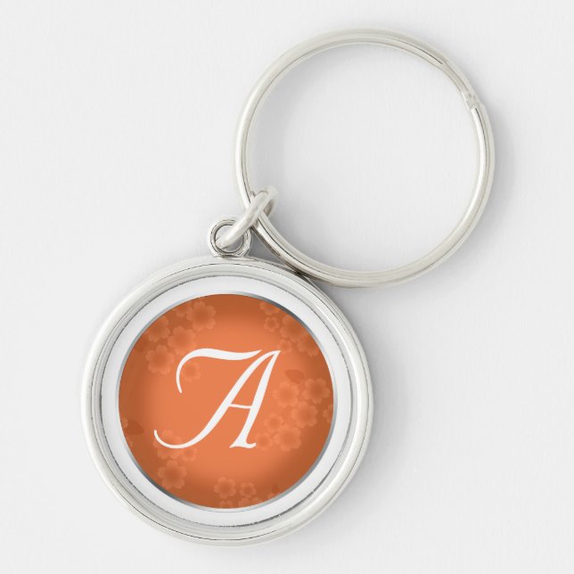 Floral Watermark Coral Orange Monogram Keychain (Front)