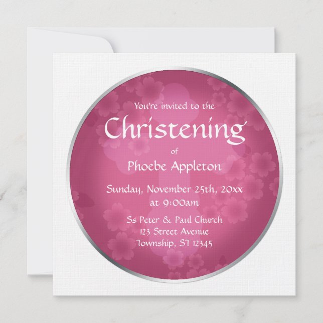 Floral Watermark Fuchsia Christening Invitations (Front)