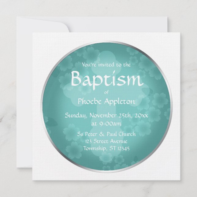Floral Watermark Turquoise Baptism Invitations (Front)