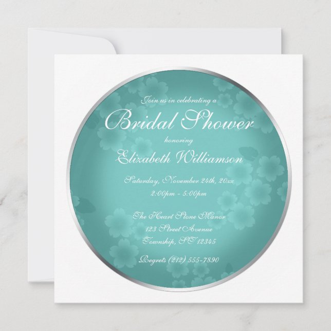 Floral Watermark Turquoise Bridal Shower Invitation (Front)