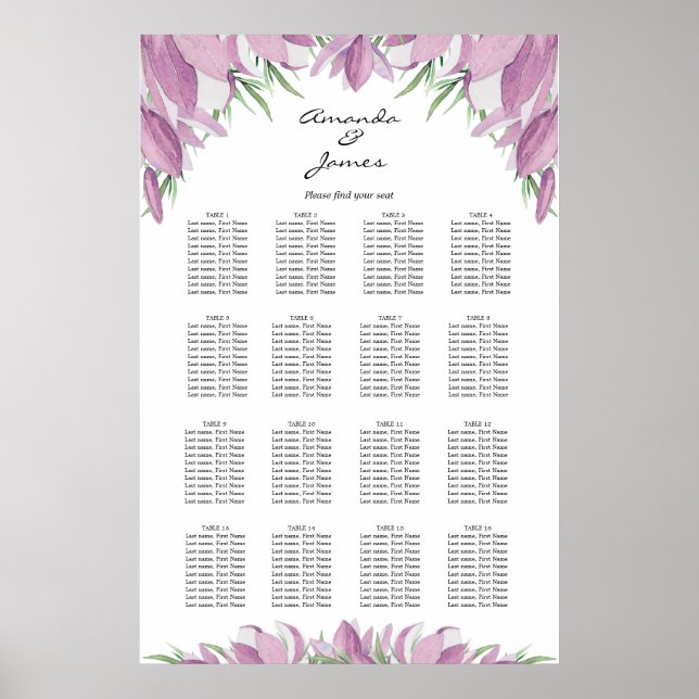 Floral Wedding 16 Table Seating Chart (Front)