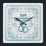 Floral wedding Anniversary Customisable year Square Wall Clock<br><div class="desc">A romantic design for a husband and wife on their wedding anniversary. This design has linked wedding rings and roses. The date can be customised to suit the year of your anniversary.</div>