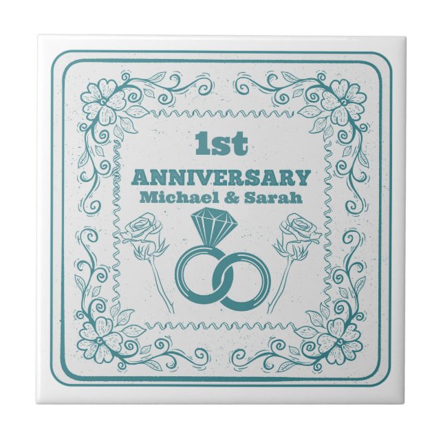 Floral wedding Anniversary Customisable year Tile (Front)