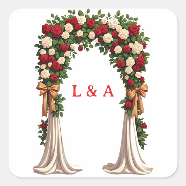 Floral Wedding Arch Roses And Gold Bow Decor 🌸 Square Sticker (Front)
