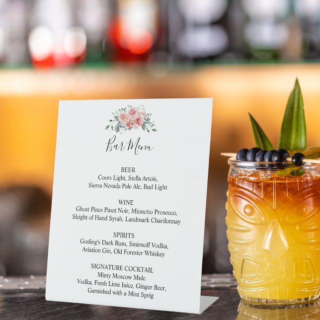 Floral Wedding Bar Menu Elegant Script Drink List Pedestal Sign (Creator Uploaded)