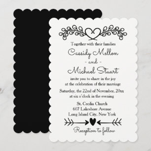 Floral Wedding Black & White Laurel Heart Wedding Invitation
