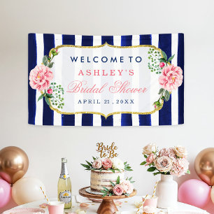 Floral Wedding Bridal Shower Navy Blue Stripes Banner