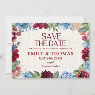 Floral Wedding, Burgundy & Navy Romantic and Photo Save The Date