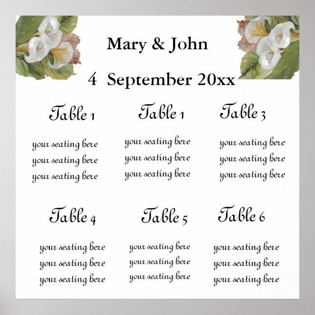 Floral Wedding "Callas" seating chart (Front)