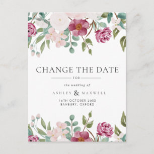Floral Wedding Change the Date Burgundy & Blush Announcement Postcard