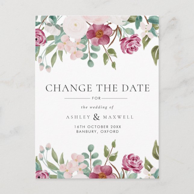 Floral Wedding Change the Date Burgundy &  Blush Announcement Postcard (Front)
