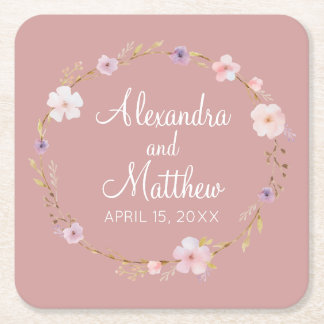 Floral Wedding Crown Square Paper Coaster