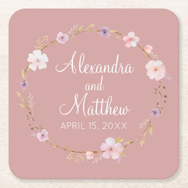 Floral Wedding Crown Square Paper Coaster (Front)