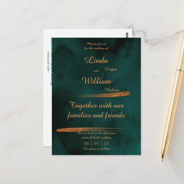 Floral Wedding Deep Sea Dark Green Watercolor  Postcard (Front/Back In Situ)