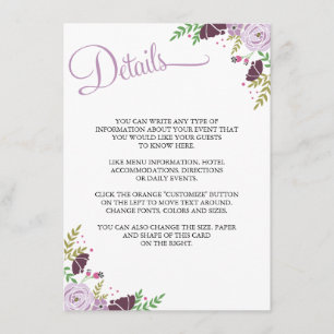 Floral Wedding Details/Information Card Purple