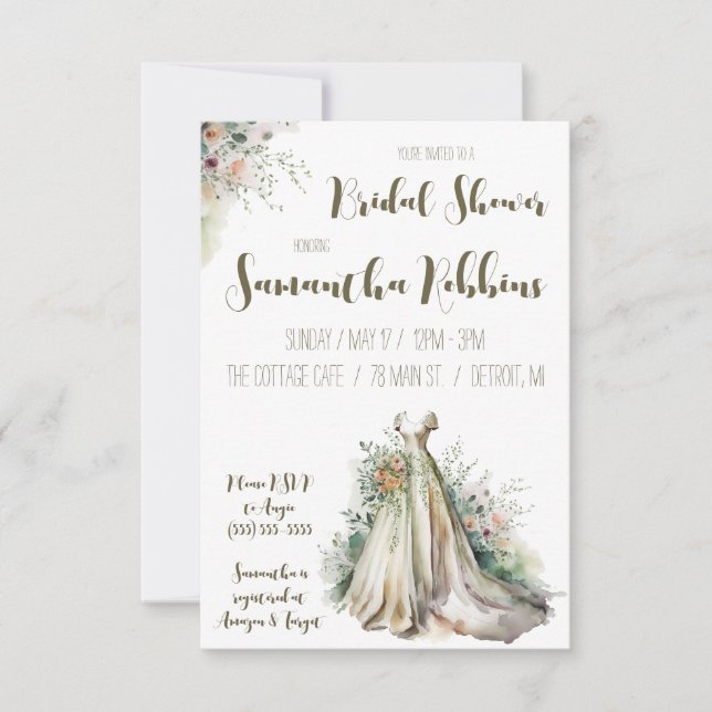 Floral Wedding Dress, Bridal Gown, Bridal Shower Invitation (Front)