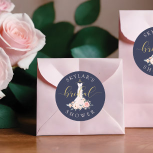 Floral Wedding Dress Navy Bridal Shower Classic Round Sticker