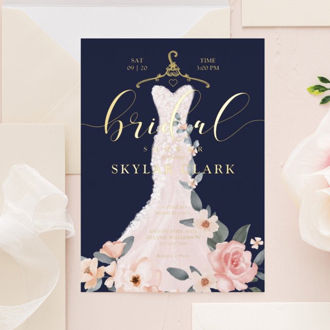 Floral Wedding Dress Navy Bridal Shower Invitation (Creator Uploaded)