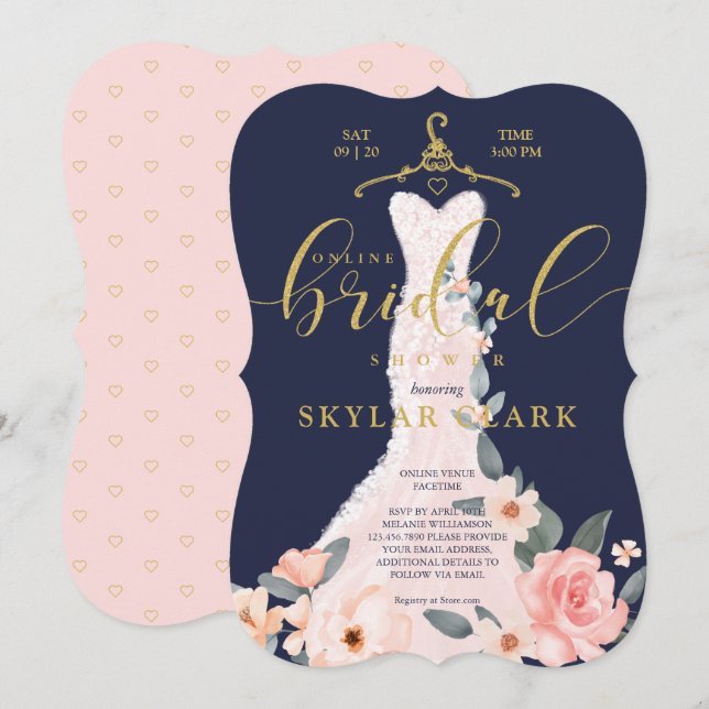 Floral Wedding Dress Navy Online Bridal Shower Invitation (Front/Back)