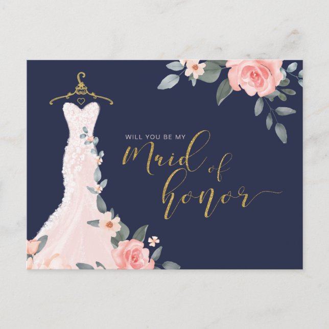 Floral Wedding Dress Will You Be Maid of Honour Invitation Postcard (Front)