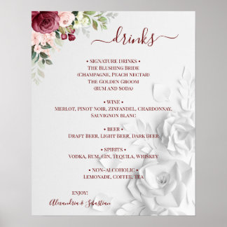 Floral Wedding Drinks Menu Sign