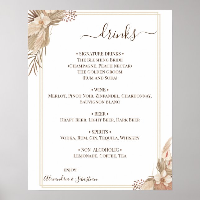Floral Wedding Drinks Menu Sign (Front)
