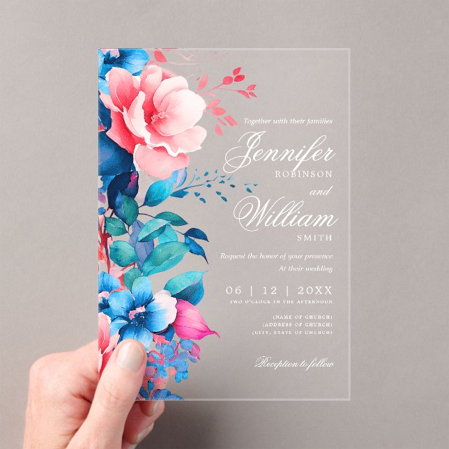 Floral Wedding Elegant Script Typography Blue Pink Acrylic Invitations (Insitu (Handheld))