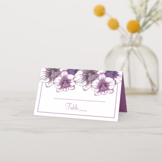 Floral Wedding Escort Purple Orchid Flowers Place Card (Front)