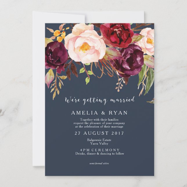 Floral Wedding Invitation Burgundy Navy (Front)