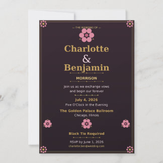  Floral Wedding Invitation Card — Pink & Gold Rose