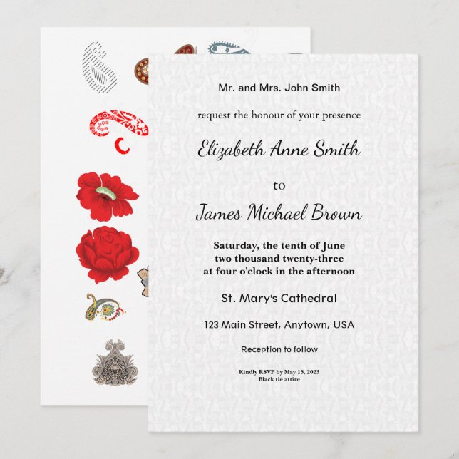 Floral Wedding Invitation Elegant Red Rose (Front/Back)