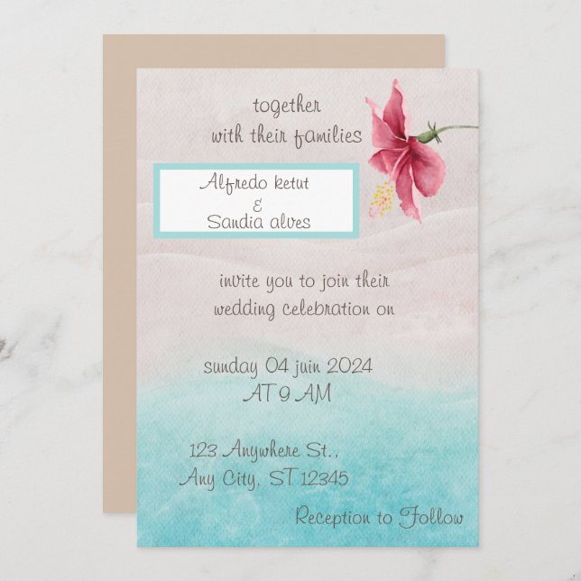floral Wedding invitation in beige and bleu  (Front/Back)