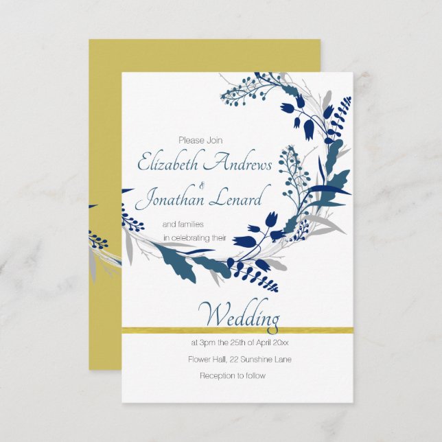 Floral Wedding invitation in Gold and  Blue (Front/Back)