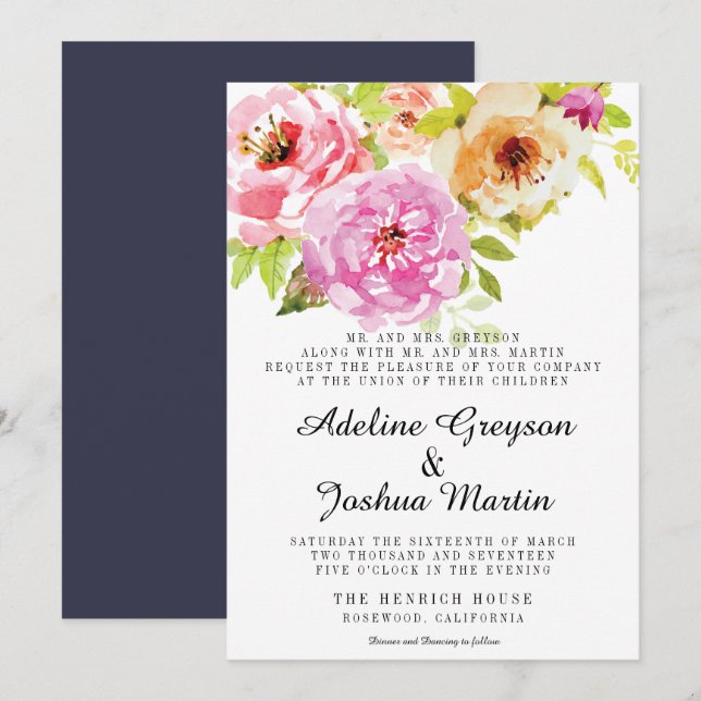 Floral Wedding Invitation | Pink and Navy (Front/Back)