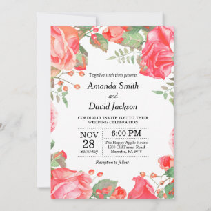 Floral Wedding Invitation Red Watercolor Floral