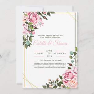 Floral Wedding invitation, Romantic Pink Wedding  Invitation