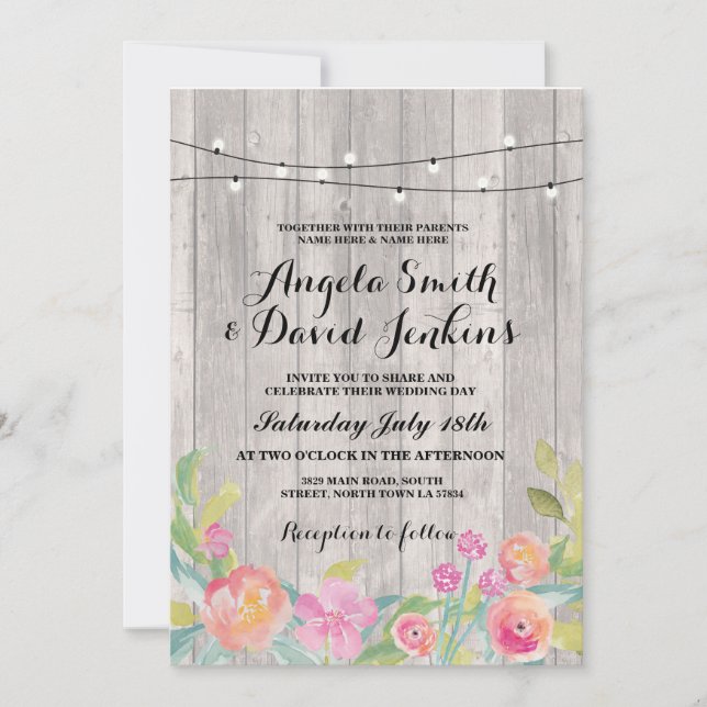 Floral Wedding Invitation Wood Rustic String Light (Front)