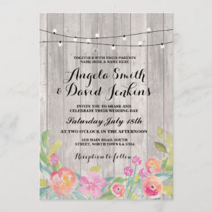Floral Wedding Invitation Wood Rustic String Light