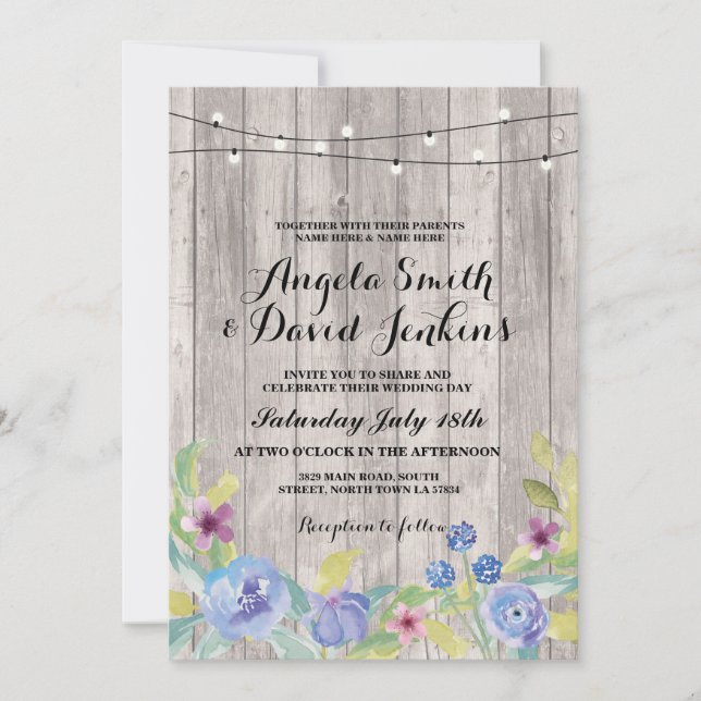 Floral Wedding Invitations Wood Rustic Lights (Front)