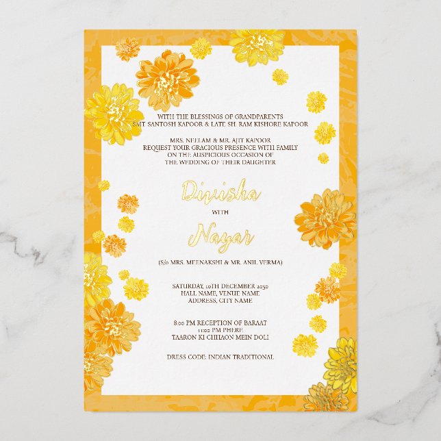Floral Wedding Invite Card - Marigold Design (Front)