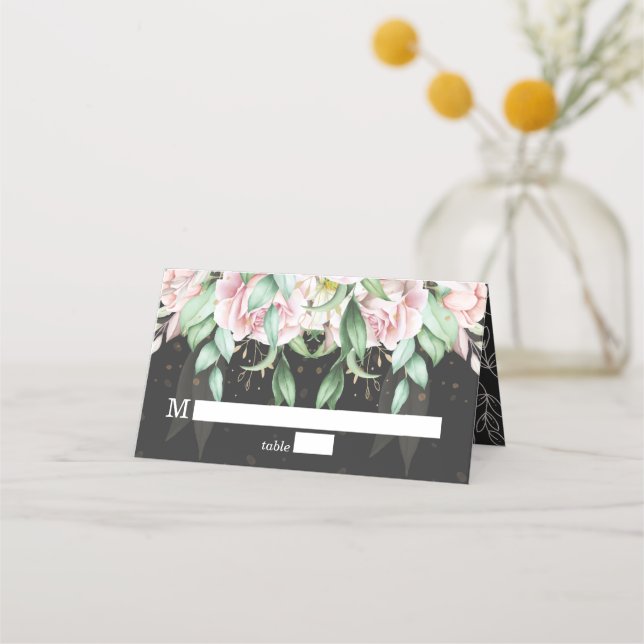 Floral Wedding Luxury Black and Pink Place Card (Front)