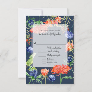 Floral Wedding Menu Navy Orange Flowers Greenery