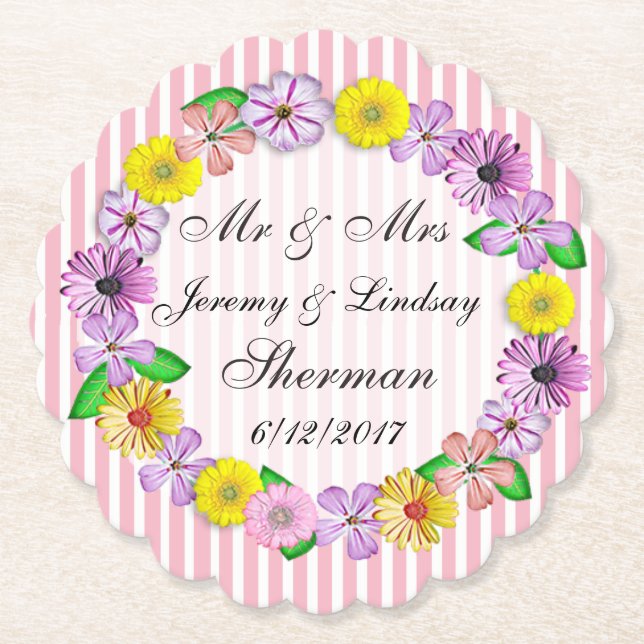 Floral Wedding Personalised Custom Paper Coaster (Front)