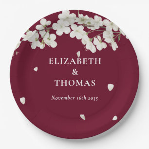 Floral Wedding Pretty White Blossom Burgundy Paper Plate