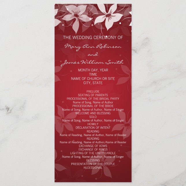 Floral Wedding Program Exotic Blooms Red Programme (Front)