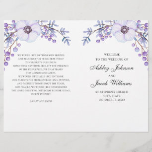 Floral wedding program folded. Purple flowers