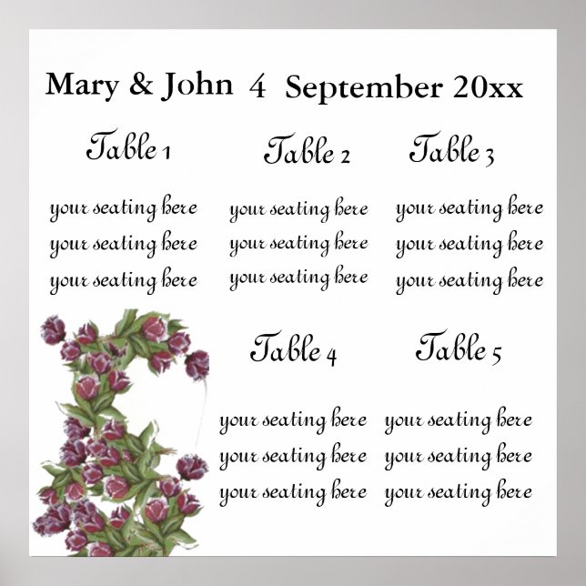 Floral Wedding "Roses" seating chart. Poster (Front)