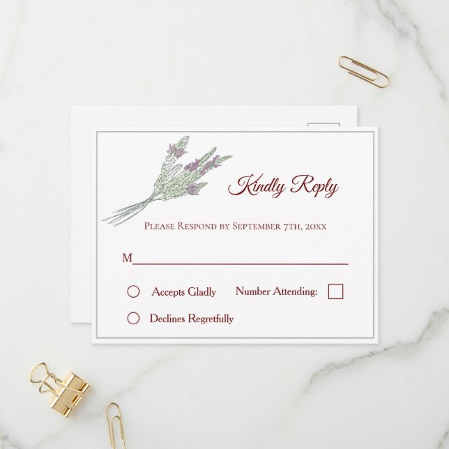 Floral Wedding RSVP Postcard with Lavender (Front/Back In Situ)