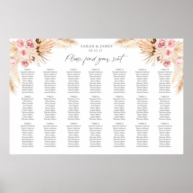 Floral Wedding seating chart by table number (Front)