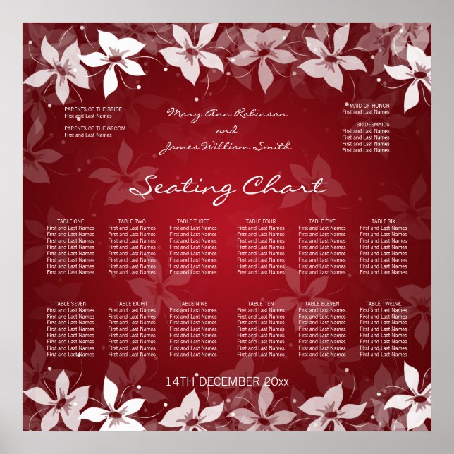 Floral Wedding Seating Chart Exotic Blooms Red (Front)